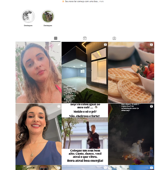 Print real do perfil antes: selfies, publicações pessoais e fotos de imóveis na grade